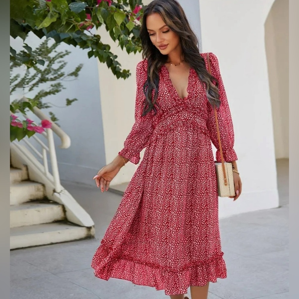 Red and White Leopard Print Chiffon midi Dress